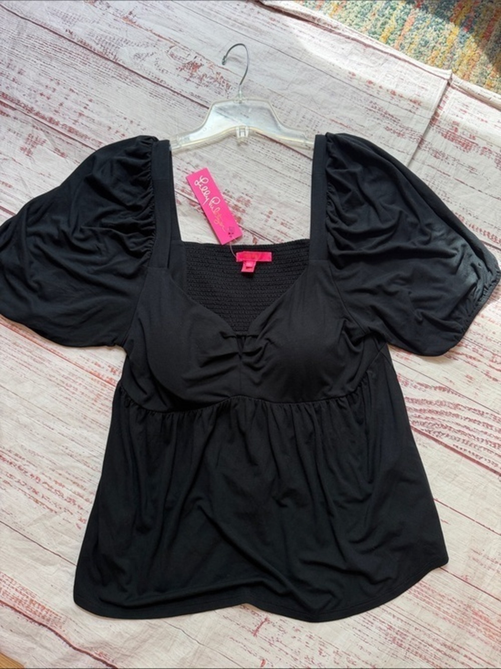 NWT Lilly Pulitzer Black Puff-Sleeve Square Neck Top size XL